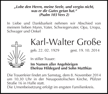 Traueranzeige von Karl-Walter Große von Mitteldeutsche Zeitung Halle/Saalkreis