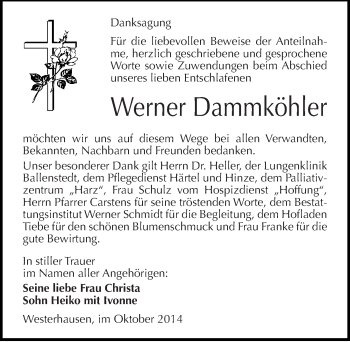 Traueranzeige von Werner Dammköhler von Mitteldeutsche Zeitung Quedlinburg