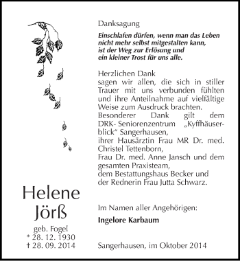 Traueranzeige von Helene Jörß von Mitteldeutsche Zeitung Sangerhausen