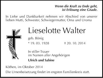 Traueranzeige von Lieselotte Walter von Mitteldeutsche Zeitung Köthen