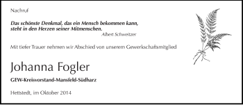 Traueranzeige von Johanna Fogler von Mitteldeutsche Zeitung Mansfelder Land