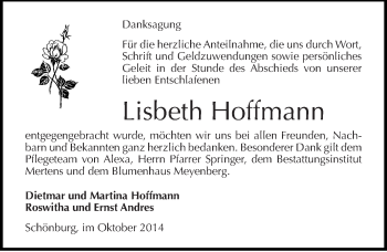 Traueranzeige von Lisbeth Hoffmann von Mitteldeutsche Zeitung Naumburg/Nebra
