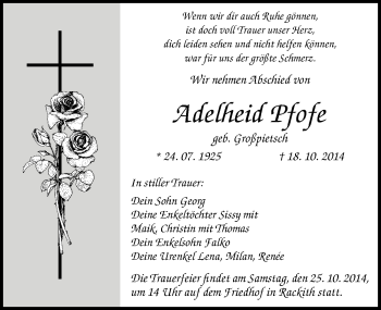 Traueranzeige von Adelheid Pfofe von Mitteldeutsche Zeitung Wittenberg