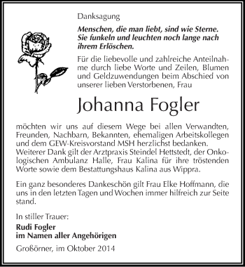 Traueranzeige von Johanna Fogler von Mitteldeutsche Zeitung Mansfelder Land