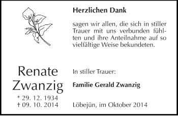 Traueranzeige von Renate Zwanzig von Mitteldeutsche Zeitung Halle/Saalkreis