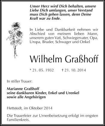 Traueranzeige von Wilhelm Graßhoff von Mitteldeutsche Zeitung Mansfelder Land