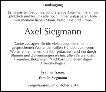 Traueranzeige von Axel Siegmann von Mitteldeutsche Zeitung Sangerhausen
