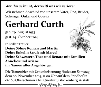 Traueranzeige von Gerhard Curth von Mitteldeutsche Zeitung