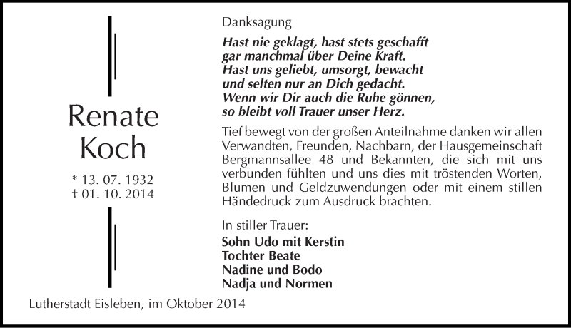  Traueranzeige für Renate Koch vom 25.10.2014 aus Mitteldeutsche Zeitung Mansfelder Land