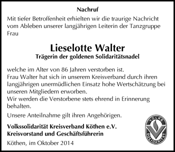 Traueranzeige von Lieselotte Walter von Mitteldeutsche Zeitung Köthen