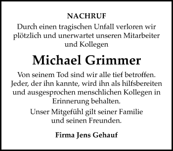 Traueranzeige von Michael Grimmer von Mitteldeutsche Zeitung Naumburg/Nebra