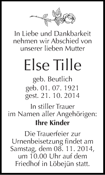Traueranzeige von Else Tille von Mitteldeutsche Zeitung Halle/Saalkreis
