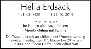 Traueranzeige von Hella Erdsack von Mitteldeutsche Zeitung Halle/Saalkreis