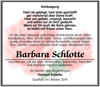 Traueranzeige von Barbara Schlotte von Mitteldeutsche Zeitung Merseburg/Querfurt
