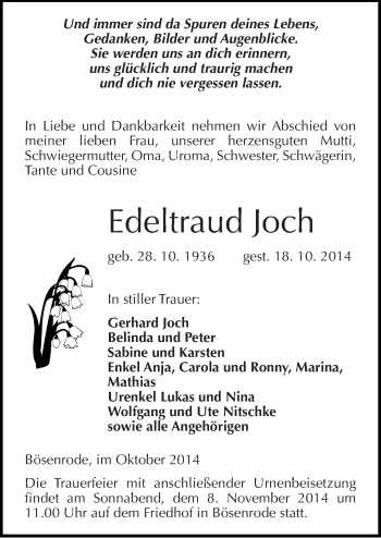 Traueranzeige von Edeltraud Joch von Mitteldeutsche Zeitung Sangerhausen