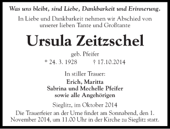 Traueranzeige von Ursula Zeitzschel von Mitteldeutsche Zeitung Naumburg/Nebra