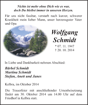 Traueranzeige von Wolfgang Schmidt von Mitteldeutsche Zeitung Sangerhausen