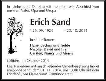 Traueranzeige von Erich Sand von Mitteldeutsche Zeitung Halle/Saalkreis