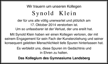 Traueranzeige von Synold Klein von Mitteldeutsche Zeitung Halle/Saalkreis