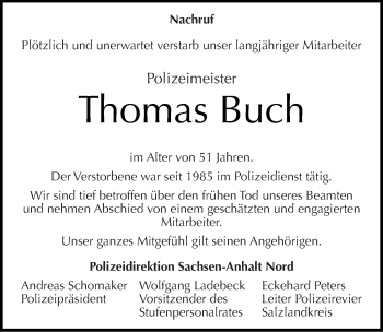 Traueranzeige von Thomas Buch von Mitteldeutsche Zeitung Bernburg