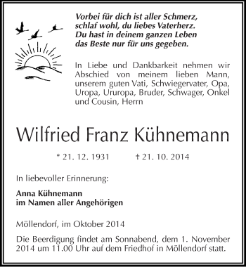 Traueranzeige von Wilfried Franz Kühnemann von Mitteldeutsche Zeitung Mansfelder Land