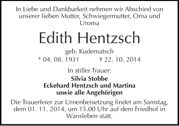 Traueranzeige von Edith Hentzsch von Mitteldeutsche Zeitung Mansfelder Land