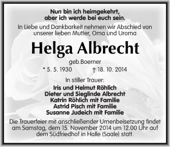 Traueranzeige von Helga Albrecht von Mitteldeutsche Zeitung Halle/Saalkreis