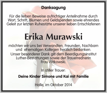 Traueranzeige von Erika Murawski von Mitteldeutsche Zeitung Halle/Saalkreis