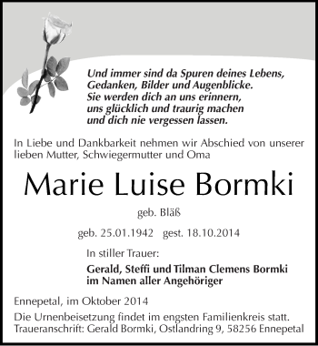 Traueranzeige von Marie Luise Bormki von Mitteldeutsche Zeitung