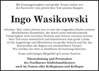 Traueranzeige von Ingo Wasikowski von Mitteldeutsche Zeitung Quedlinburg