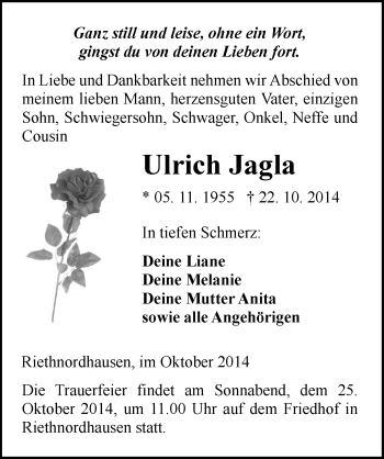 Traueranzeige von Ulrich Jagla von Mitteldeutsche Zeitung Sangerhausen