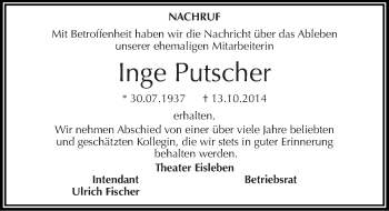 Traueranzeige von Inge Putscher von Mitteldeutsche Zeitung Mansfelder Land