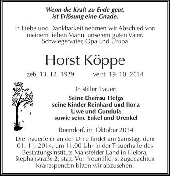 Traueranzeige von Horst Köppe von Mitteldeutsche Zeitung Mansfelder Land