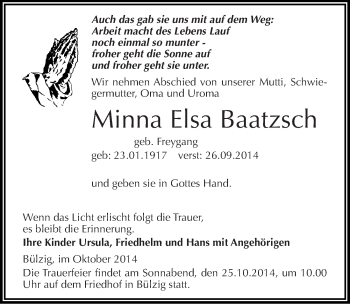 Traueranzeige von Minna Elsa Baatzsch von Mitteldeutsche Zeitung Wittenberg