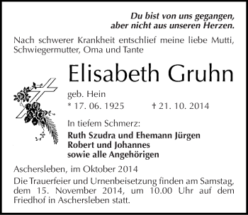 Traueranzeige von Elisabeth Gruhn von Mitteldeutsche Zeitung Aschersleben