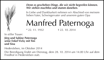 Traueranzeige von Manfred Paternoga von Mitteldeutsche Zeitung Mansfelder Land