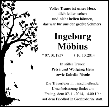 Traueranzeige von Ingeburg Möbius von Mitteldeutsche Zeitung Bitterfeld