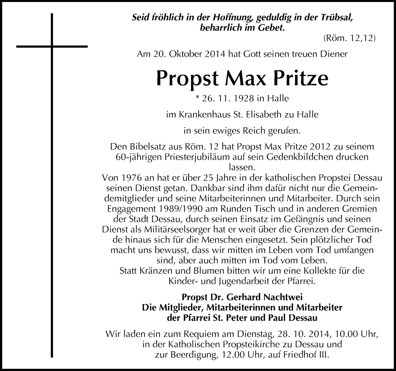  Traueranzeige für Propst Max Pritze vom 25.10.2014 aus Mitteldeutsche Zeitung Dessau-Roßlau