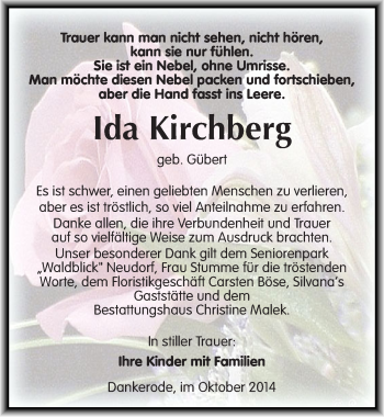 Traueranzeige von Ida Kirchberg von Mitteldeutsche Zeitung Quedlinburg