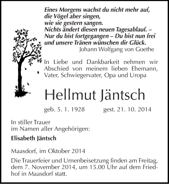 Traueranzeige von Hellmut Jäntsch von Mitteldeutsche Zeitung Köthen