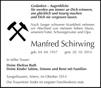 Traueranzeige von Manfred Schirwing von Mitteldeutsche Zeitung Sangerhausen