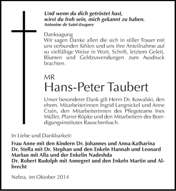 Traueranzeige von Hans-Peter Taubert von Mitteldeutsche Zeitung Naumburg/Nebra