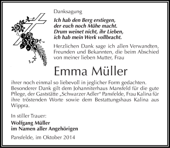 Traueranzeige von Emma Müller von Mitteldeutsche Zeitung Quedlinburg