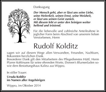 Traueranzeige von Rudolf Kolditz von Mitteldeutsche Zeitung Mansfelder Land