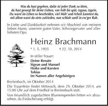 Traueranzeige von Heinz Brachmann von Mitteldeutsche Zeitung Sangerhausen