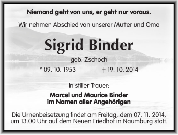 Traueranzeige von Sigrid Binder von Mitteldeutsche Zeitung Naumburg/Nebra