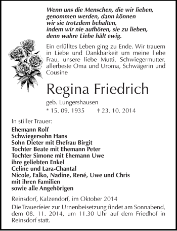 Traueranzeige von Regina Friedrich von Mitteldeutsche Zeitung Naumburg/Nebra