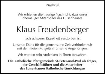 Traueranzeige von Klaus Freudenberger von Mitteldeutsche Zeitung Naumburg/Nebra
