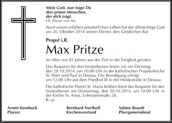 Traueranzeige von Propst Max Pritze von Mitteldeutsche Zeitung Köthen