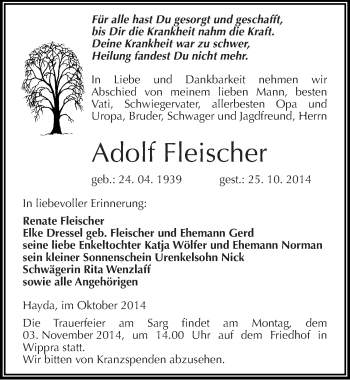 Traueranzeige von Adolf Fleischer von Mitteldeutsche Zeitung Mansfelder Land